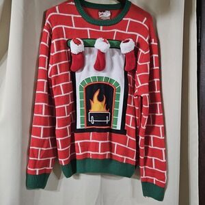 Ugly Party Sweater Dec 25th Christmas Fireplace‎ Detachable Stocking Pullover Lg